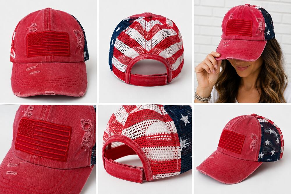 Distressed Red American Flag Ponytail Trucker Hat